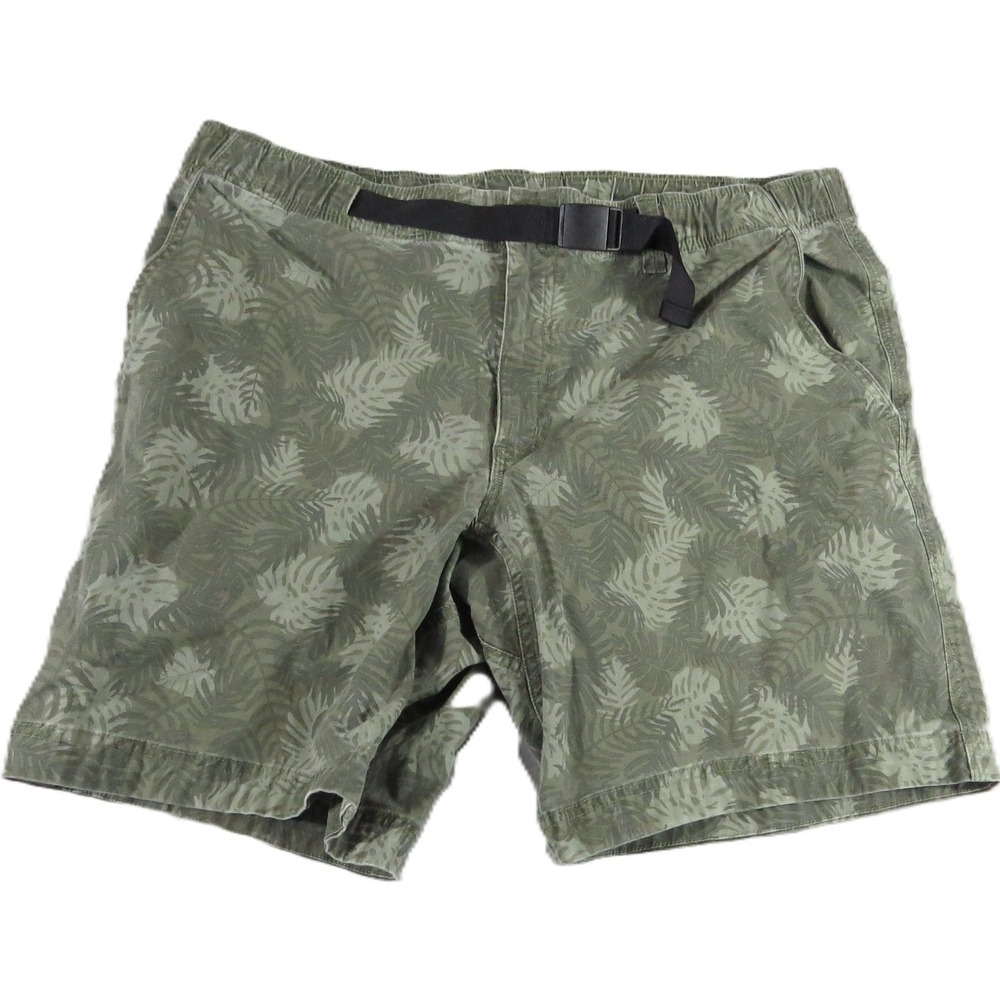 Duluth Trading Co Shorts Men Large Green Palm Leaf Belted Canvas Gorpcore 8" EUC